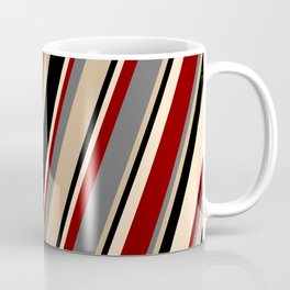 [ Thumbnail: Dim Grey, Tan, Black, Bisque & Maroon Colored Pattern of Stripes Coffee Mug ]