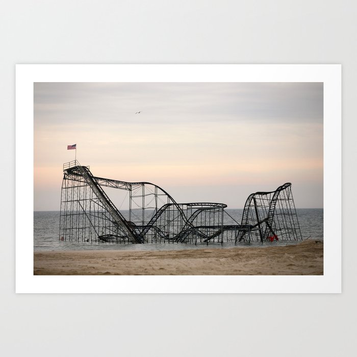 Jet Star Roller Coaster in Ocean After Hurricane Sandy Art Print