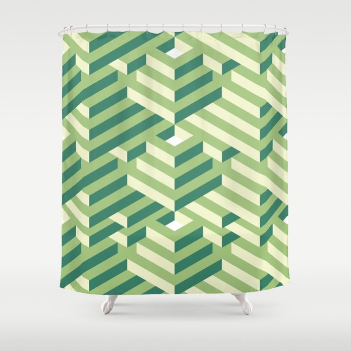 Spring Green Abstract 3D Isometric Stripes Minimal Pattern Shower Curtain