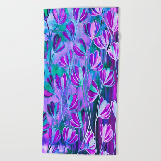 EFFLORESCENCE Lavender Purple Blue Colorful Floral Watercolor Painting Summer Garden Flowers Pattern Beach Towel