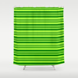 [ Thumbnail: Green and Light Green Colored Lined Pattern Shower Curtain ]
