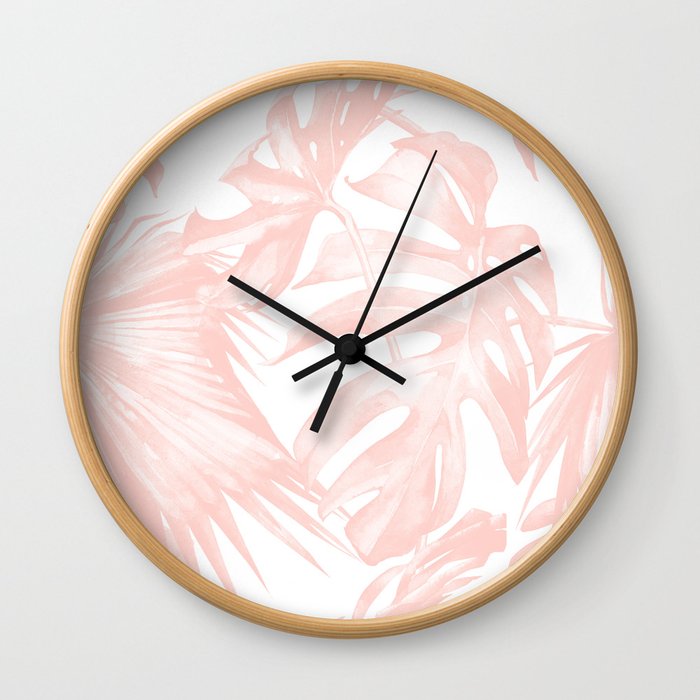 Tropical Leaves Pink and White Wall Clock