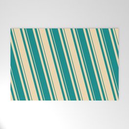 [ Thumbnail: Beige & Dark Cyan Colored Lines/Stripes Pattern Welcome Mat ]