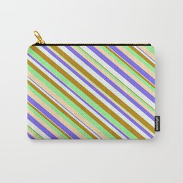 [ Thumbnail: Eye-catching Dark Goldenrod, Green, Beige, Medium Slate Blue, and Mint Cream Colored Stripes Pattern Carry-All Pouch ]