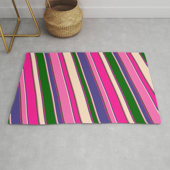 Eye-catching Deep Pink, Dark Slate Blue, Bisque, Hot Pink, and Dark Green Colored Stripes Pattern Rug