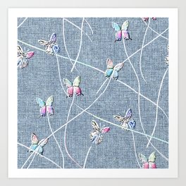 Embroidery Texture Watercolor Butterflies on Blue Linen Art Print