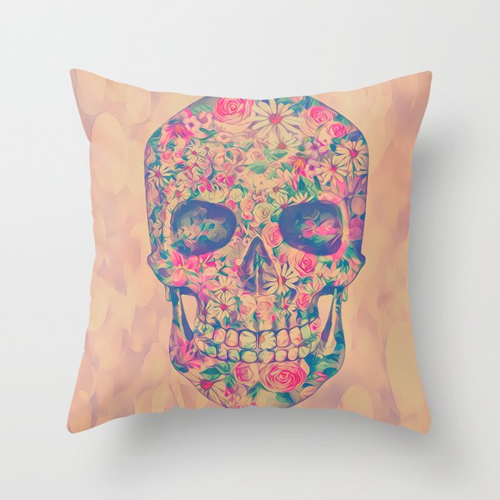 Skull Flowers pink, dreams, pastel, love, cute,  Throw Pillow