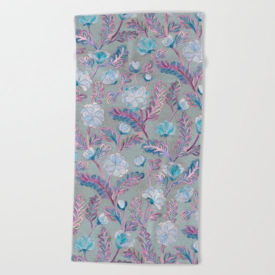 Soft Smudgy Blue and Purple Floral Pattern Beach Towel
