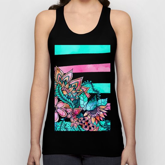 Floral watercolor modern pink teal stripes Unisex Tank Top
