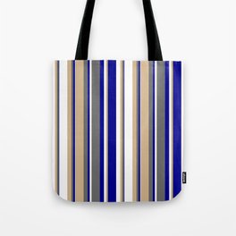 [ Thumbnail: Tan, Dim Grey, Dark Blue & White Colored Striped/Lined Pattern Tote Bag ]