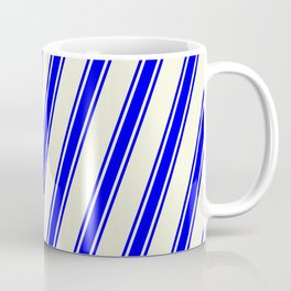 [ Thumbnail: Beige and Blue Colored Lined/Striped Pattern Coffee Mug ]