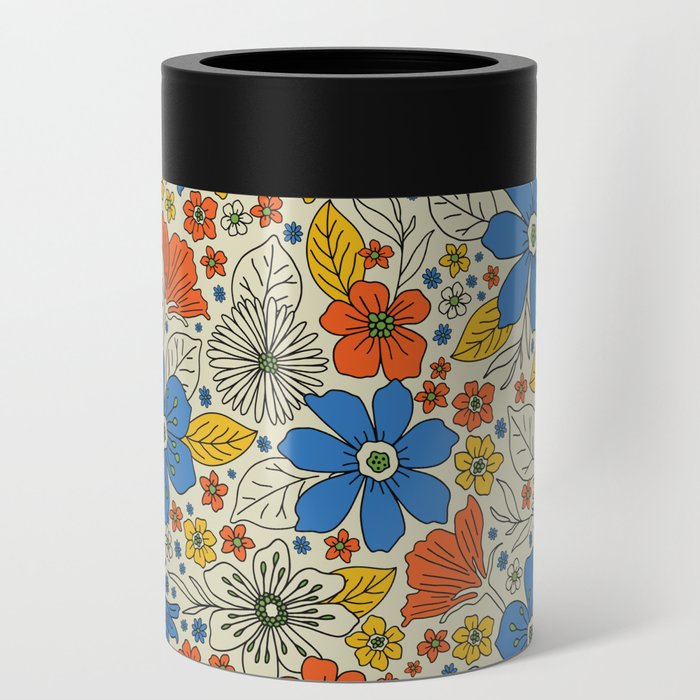 Retro Blue, Yellow & Orange Floral Can Cooler