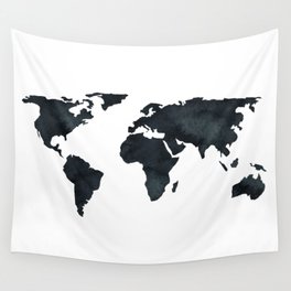 World Map Black Watercolor Ink Wall Tapestry