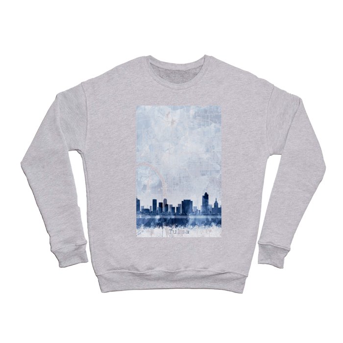 Tulsa Skyline & Map Watercolor Navy Blue, Print by Zouzounio Art Crewneck Sweatshirt
