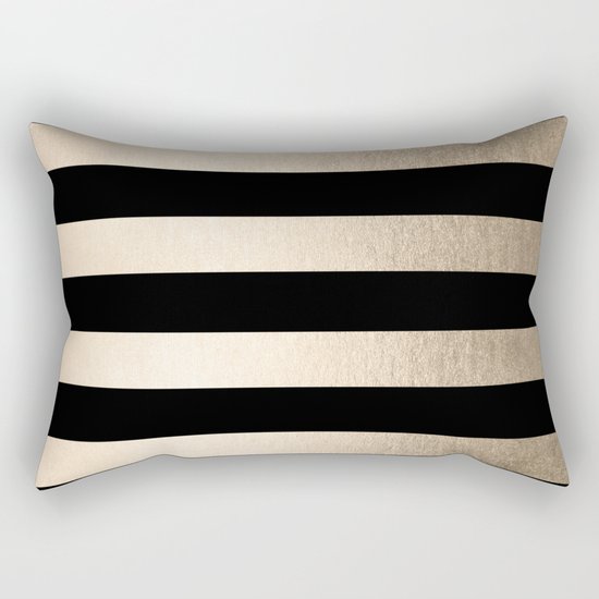 Simply Striped White Gold Sands on Midnight Black Rectangular Pillow