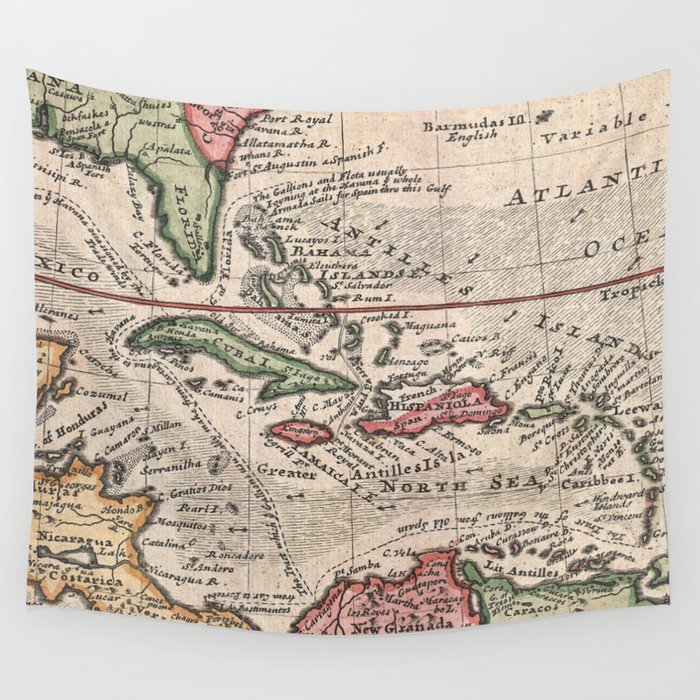 Vintage Map of the Caribbean (1732) Wall Tapestry by BravuraMedia 