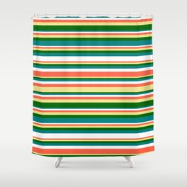 [ Thumbnail: Eyecatching Red, Tan, Dark Green, Teal, and White Colored Stripes/Lines Pattern Shower Curtain ]