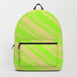[ Thumbnail: Light Green and Tan Colored Striped/Lined Pattern Backpack ]