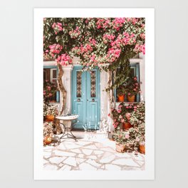 Tinos Street view in Greece with Blue Door and Pink Flowers,  Cycladitic Architecture in Greek Islands Art Print