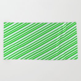 [ Thumbnail: Lime Green and Lavender Colored Lines Pattern Beach Towel ]
