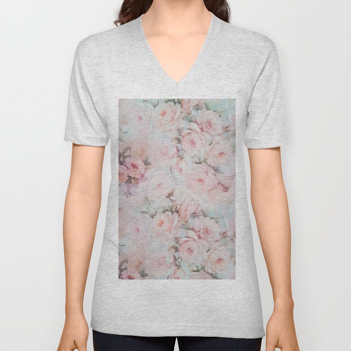 Vintage romantic blush pink teal bohemian roses floral V Neck T Shirt