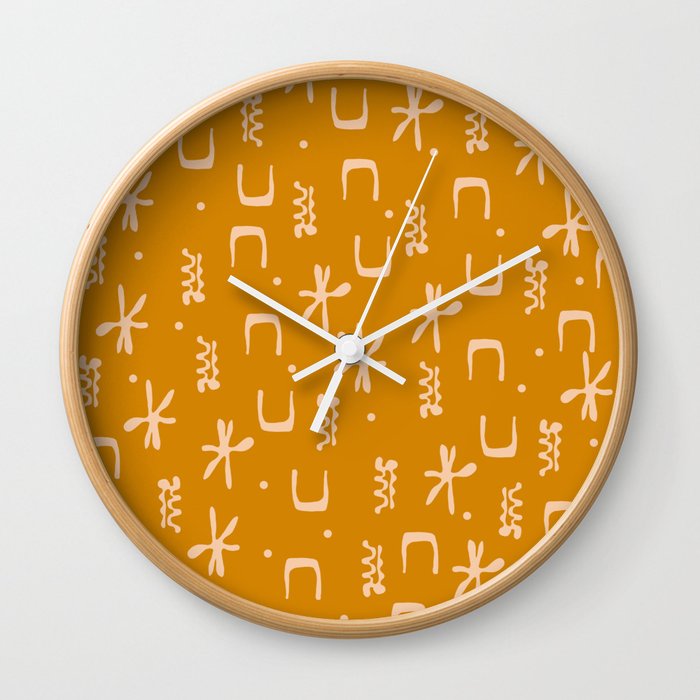 Organic Hieroglyph Abstract Pattern in Ochre Mustard Gold and Buff Wall Clock