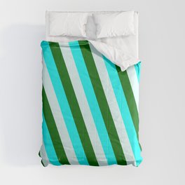 [ Thumbnail: Aqua, Light Cyan & Dark Green Colored Stripes Pattern Comforter ]