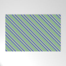 [ Thumbnail: Dark Sea Green, Pale Goldenrod, and Blue Colored Striped Pattern Welcome Mat ]
