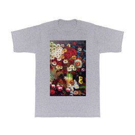 Red Poppies, Dahlias, Daises, Begonia, Parrot Tulips in Vase Tuscany Still Life by Vincent van Gogh T Shirt