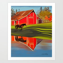 Red Barn on the Lake Art Print