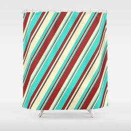 [ Thumbnail: Brown, Light Yellow, and Turquoise Colored Lined Pattern Shower Curtain ]
