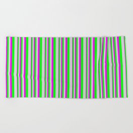 [ Thumbnail: Fuchsia, Lime, and Light Grey Colored Lined/Striped Pattern Beach Towel ]