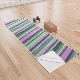 [ Thumbnail: Violet, Light Green, Light Slate Gray, and Dark Slate Gray Colored Lined Pattern Yoga Towel ]