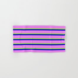 [ Thumbnail: Green, Blue, and Violet Colored Lined Pattern Hand & Bath Towel ]