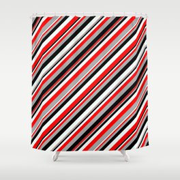 [ Thumbnail: Red, Dark Grey, Black, and Mint Cream Colored Lined Pattern Shower Curtain ]