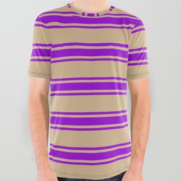 [ Thumbnail: Tan and Dark Violet Colored Lined/Striped Pattern All Over Graphic Tee ]