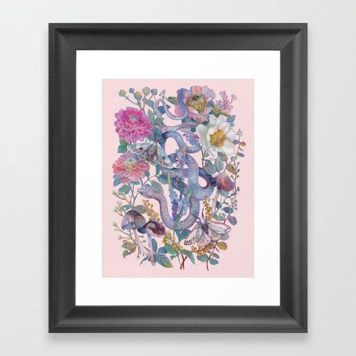 Pink Floral Garden Snake Framed Art Print