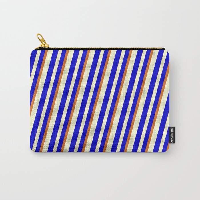 Light Yellow, Blue & Chocolate Colored Lined/Striped Pattern Carry-All Pouch