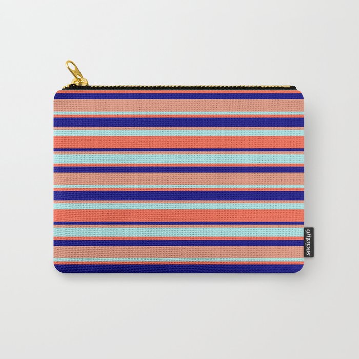 Blue, Dark Salmon, Turquoise, and Red Colored Striped/Lined Pattern Carry-All Pouch