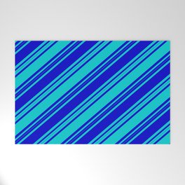 [ Thumbnail: Blue & Dark Turquoise Colored Stripes/Lines Pattern Welcome Mat ]