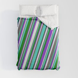 [ Thumbnail: Dim Grey, Turquoise, Green, Purple & Mint Cream Colored Lined Pattern Duvet Cover ]