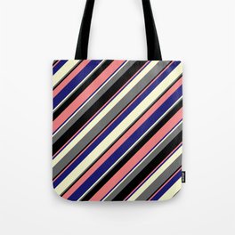 [ Thumbnail: Eye-catching Light Coral, Midnight Blue, Light Yellow, Dim Grey, and Black Colored Striped Pattern Tote Bag ]