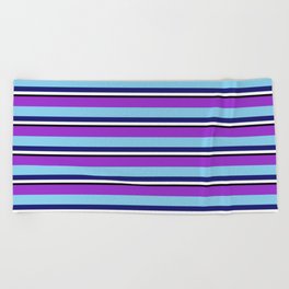 [ Thumbnail: Vibrant Dark Orchid, Sky Blue, Midnight Blue, White & Black Colored Pattern of Stripes Beach Towel ]