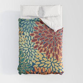 Festive Floral Prints, Red, Teal, Yellow, Orange, Colourful Prints Duvet Cover