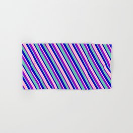 [ Thumbnail: Dark Violet, Aquamarine, Blue & Pink Colored Lines Pattern Hand & Bath Towel ]