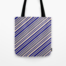 [ Thumbnail: Dark Blue, Tan, and Grey Colored Striped Pattern Tote Bag ]