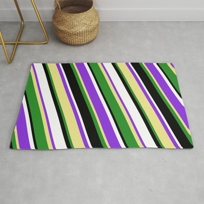 Purple, Tan, Forest Green, Black, and White Colored Lined/Striped Pattern Rug