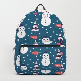Christmas Pattern White Blue Snowman Leaf Backpack