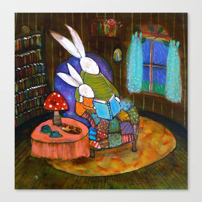 Bunnies Reading on a Rainy Day Canvas Print