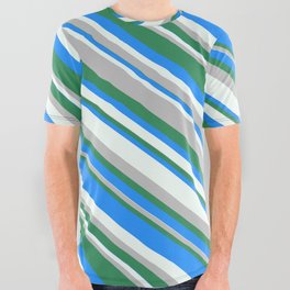 [ Thumbnail: Blue, Mint Cream, Grey, and Sea Green Colored Pattern of Stripes All Over Graphic Tee ]